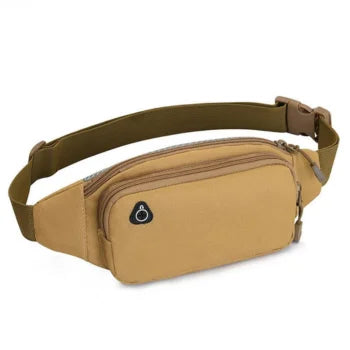 Prowalk tactical fanny pack for men and women, made of durable nylon, available in multicam or black, designed for running, cycling, and outdoor activities, featuring double zippers and adjustable strap for hands-free carry.