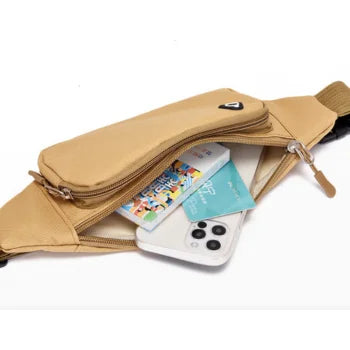 Prowalk tactical fanny pack for men and women, made of durable nylon, available in multicam or black, designed for running, cycling, and outdoor activities, featuring double zippers and adjustable strap for hands-free carry.