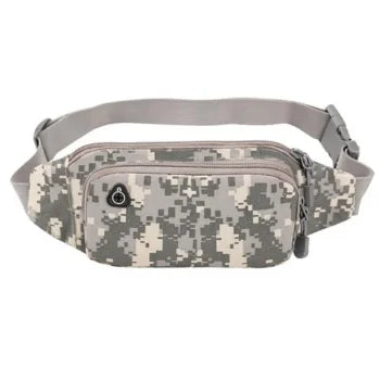 Prowalk tactical fanny pack for men and women, made of durable nylon, available in multicam or black, designed for running, cycling, and outdoor activities, featuring double zippers and adjustable strap for hands-free carry.