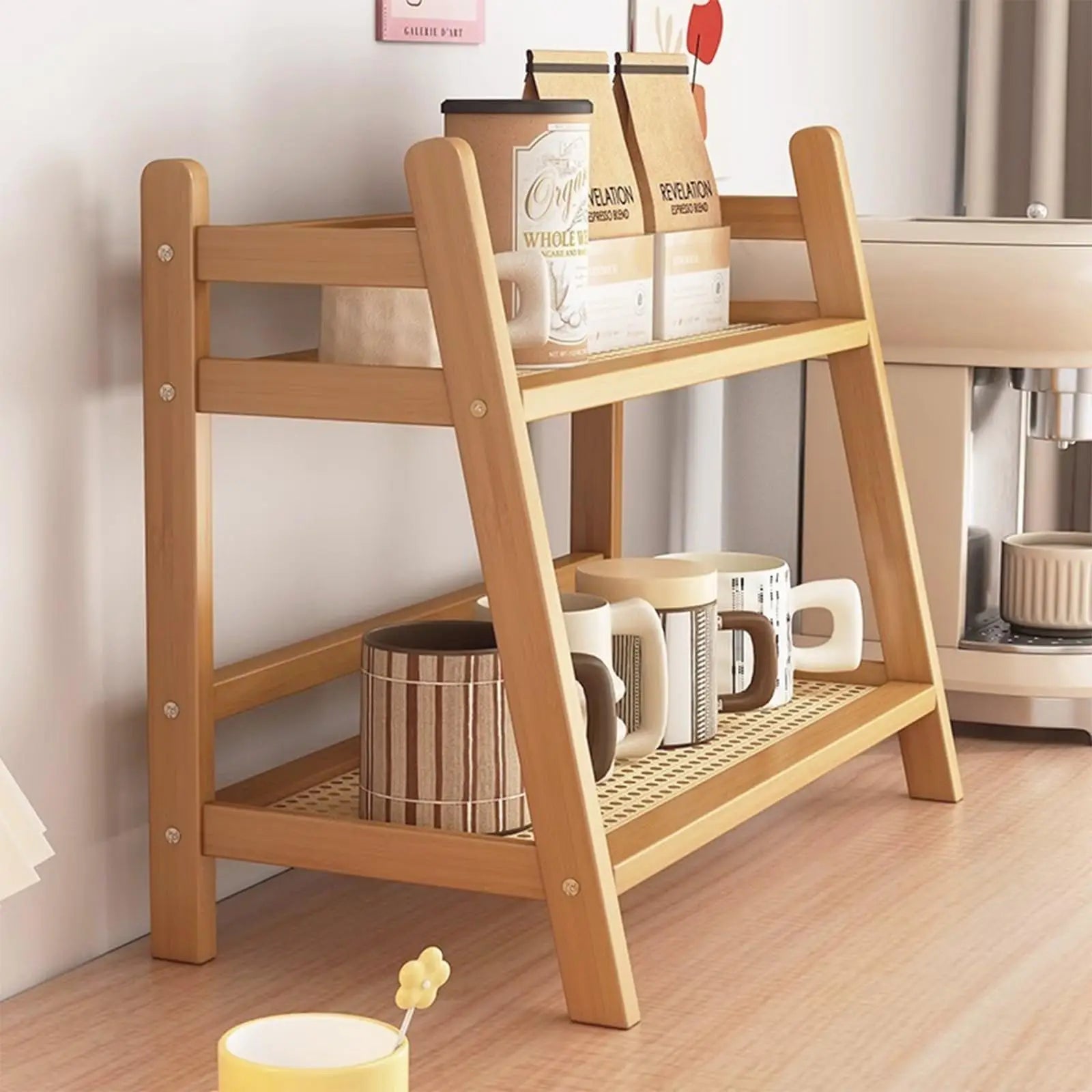 2 Tier Wicker-Look Coffee Station Organizer, Bamboo Mug Holder Countertop, Kitchen Counter Shelf for Tea Coffee Bar Accessories