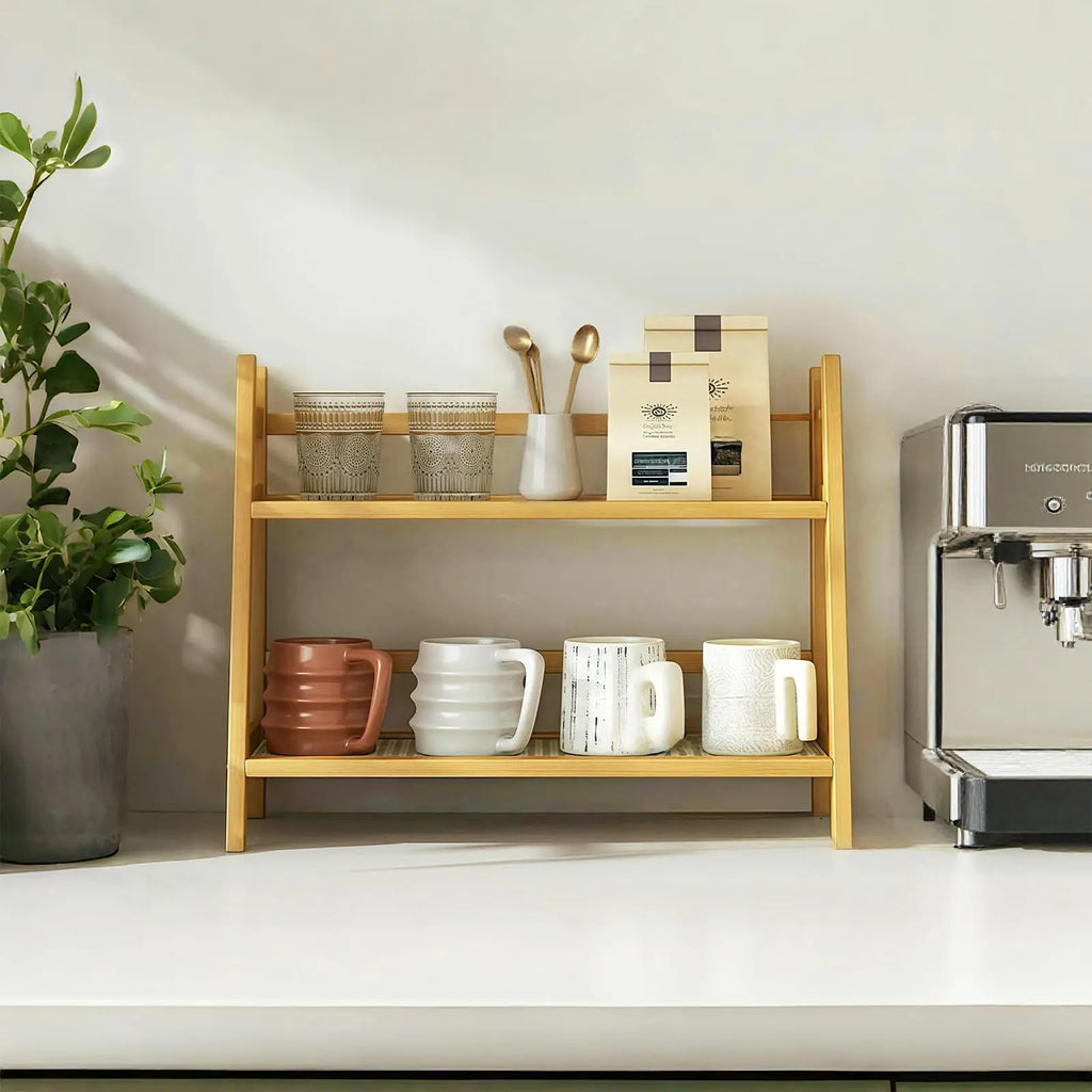 2 Tier Wicker-Look Coffee Station Organizer, Bamboo Mug Holder Countertop, Kitchen Counter Shelf for Tea Coffee Bar Accessories