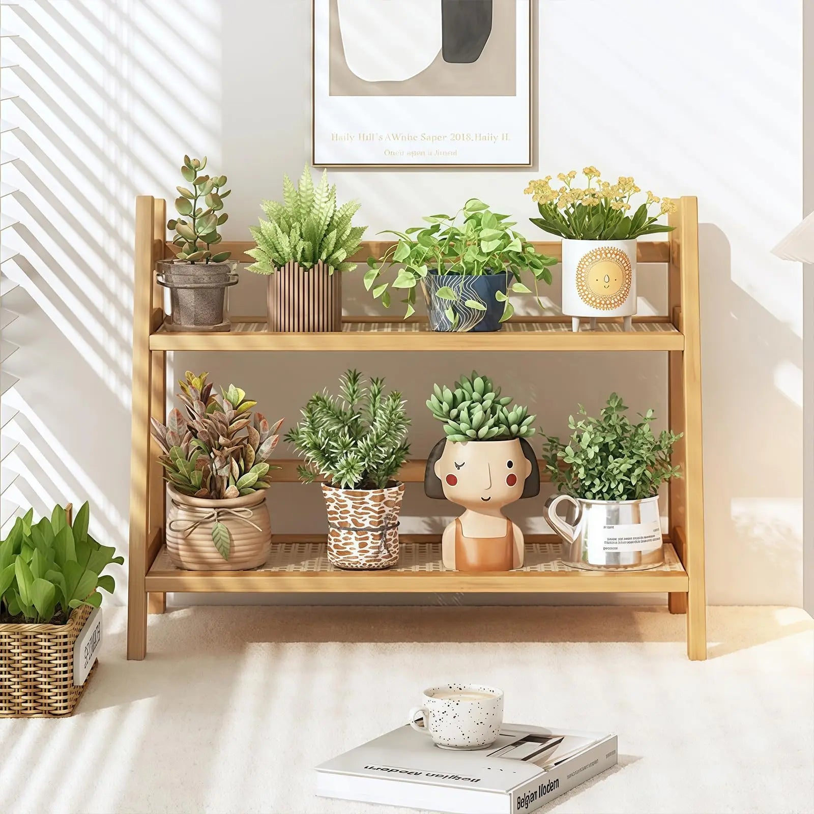 2 Tier Wicker-Look Coffee Station Organizer, Bamboo Mug Holder Countertop, Kitchen Counter Shelf for Tea Coffee Bar Accessories