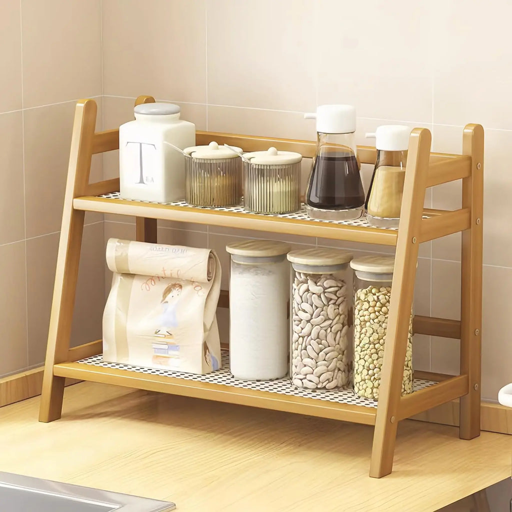 2 Tier Wicker-Look Coffee Station Organizer, Bamboo Mug Holder Countertop, Kitchen Counter Shelf for Tea Coffee Bar Accessories