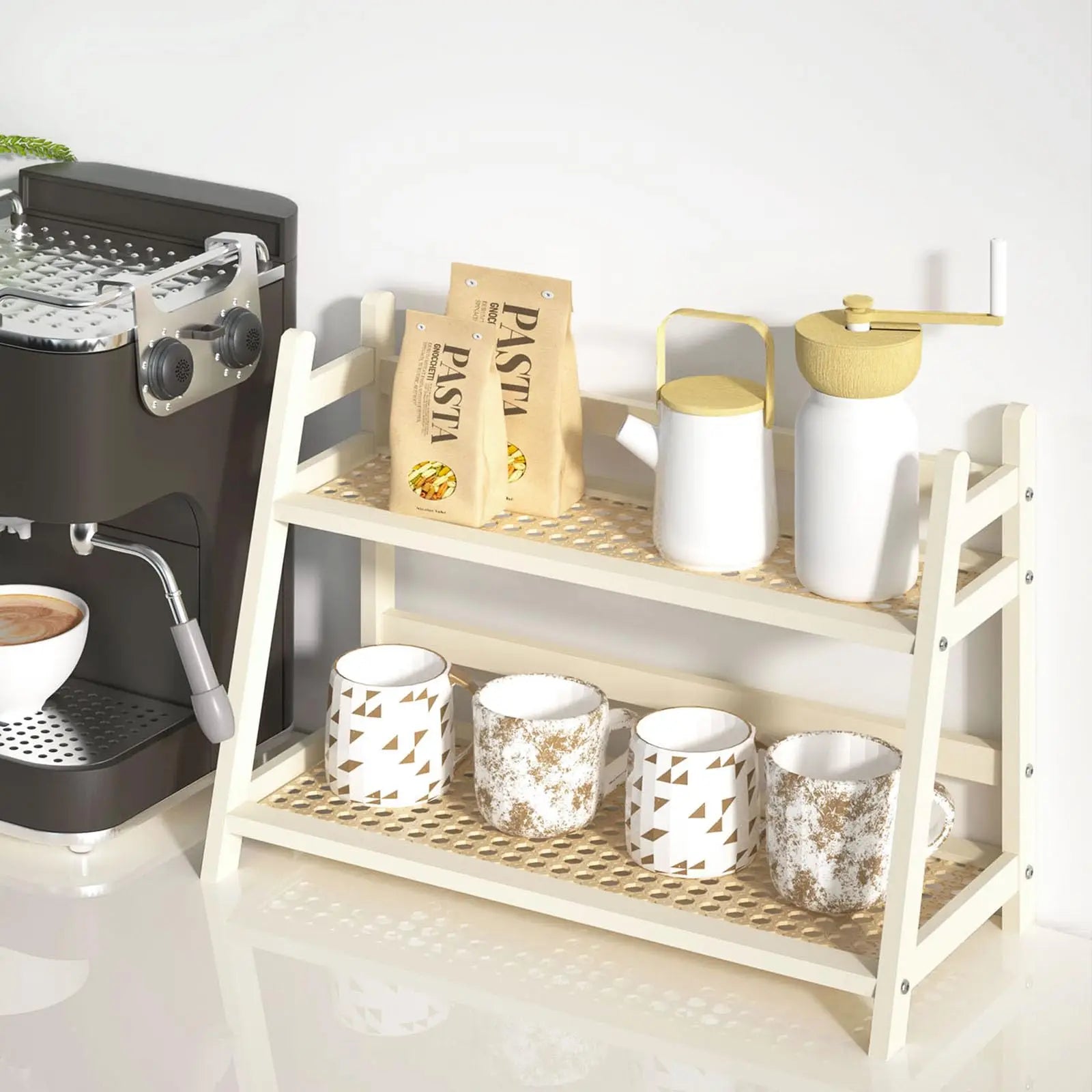 2 Tier Wicker-Look Coffee Station Organizer, Bamboo Mug Holder Countertop, Kitchen Counter Shelf for Tea Coffee Bar Accessories