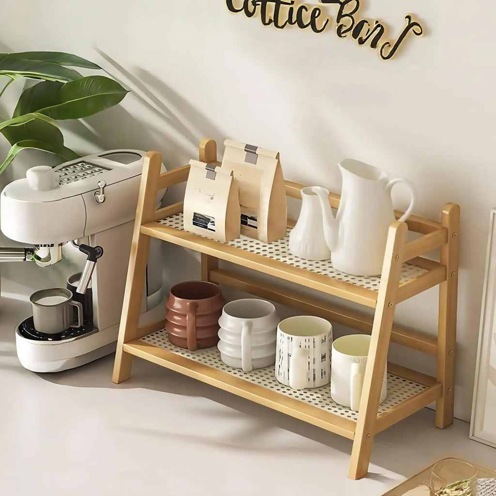 2 Tier Wicker-Look Coffee Station Organizer, Bamboo Mug Holder Countertop, Kitchen Counter Shelf for Tea Coffee Bar Accessories